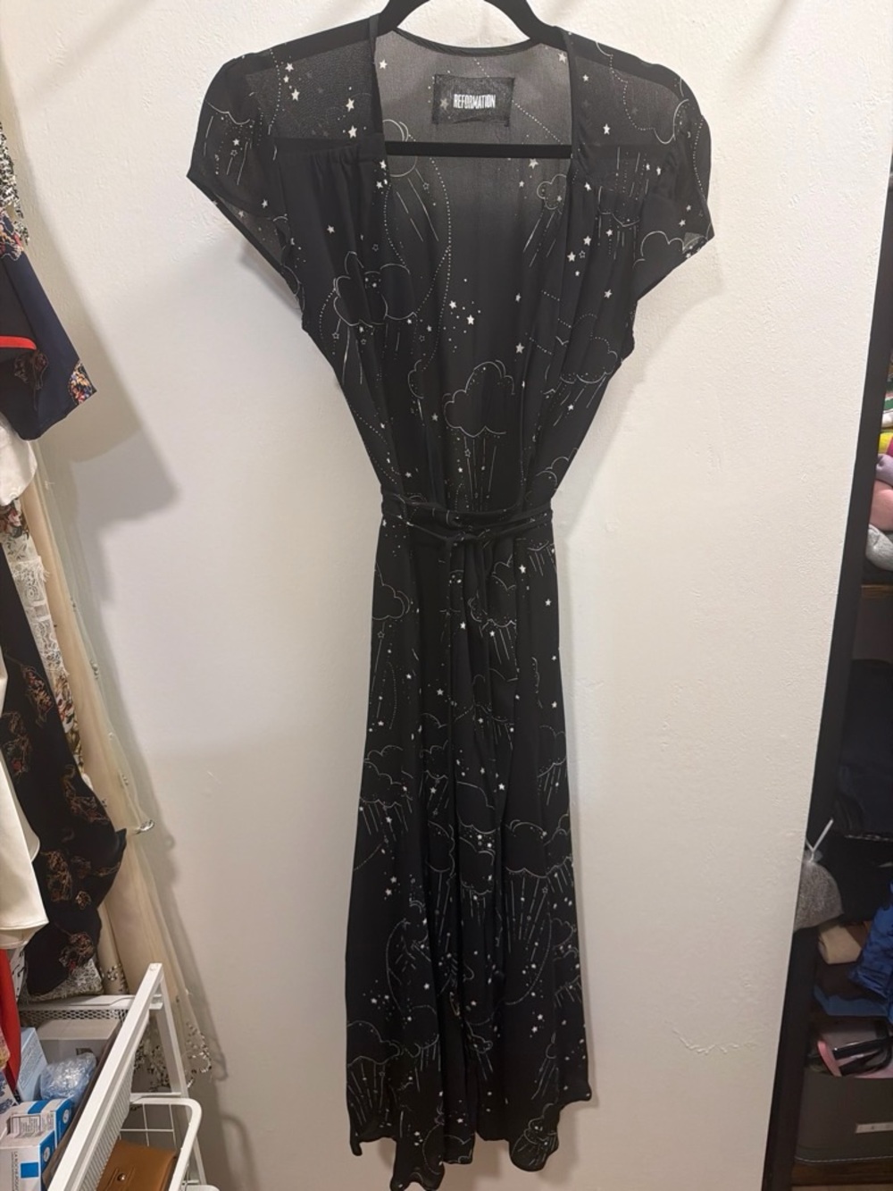 Reformation Black Cloud & Star Wrap Maxi Dress